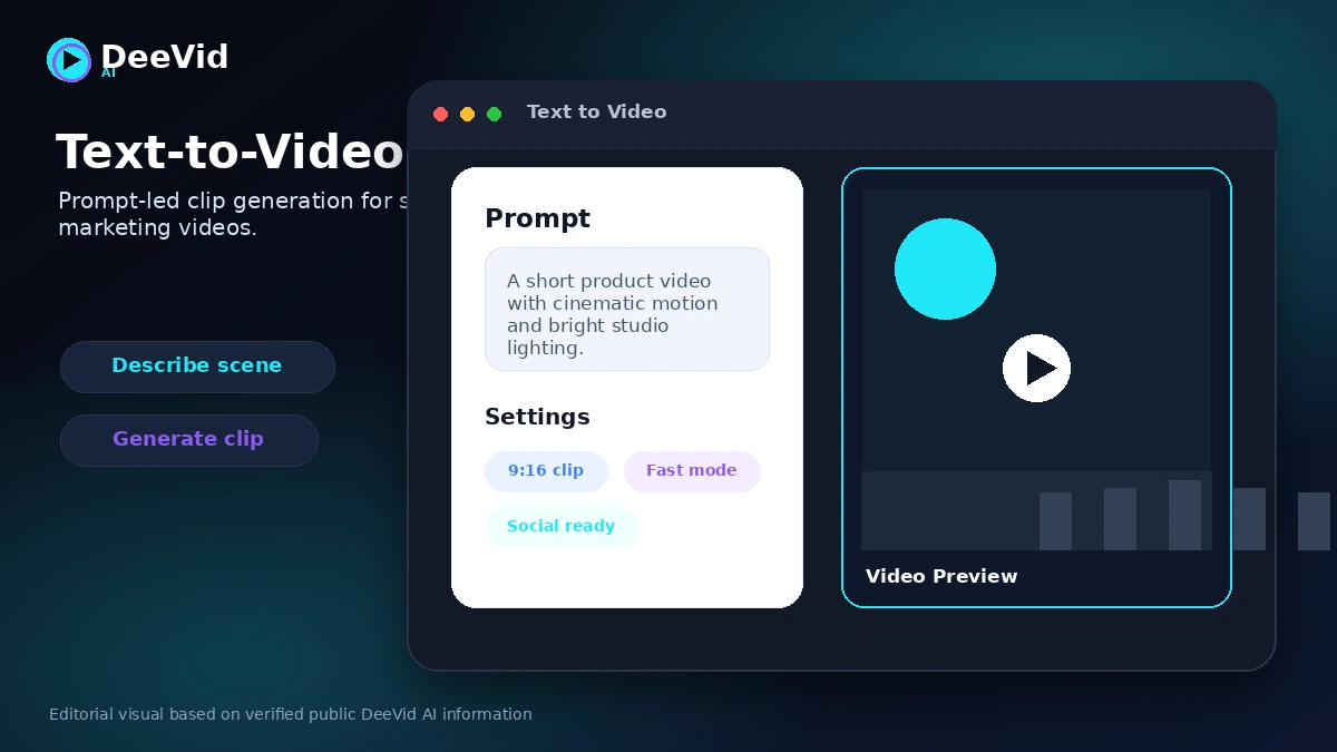 DeeVid AI: text-to-video dashboard, showing prompt input and generation controls for short video creation
