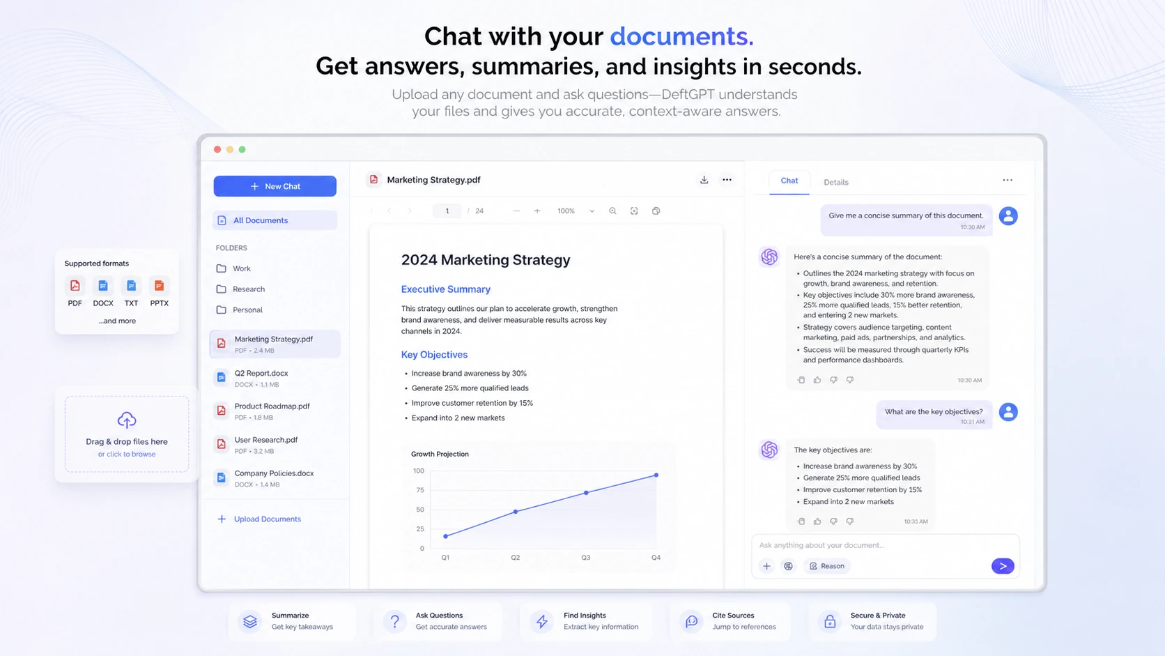 DeftGPT: document chat workspace, showing how a buyer can ask questions across uploaded files