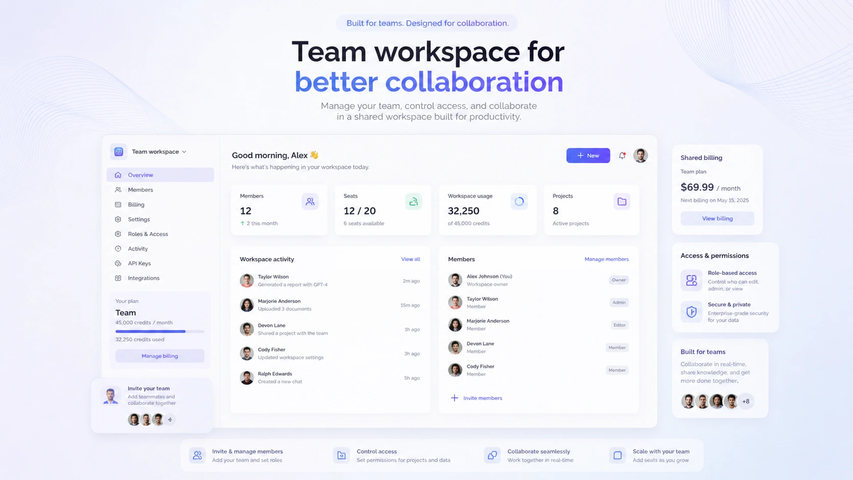 DeftGPT: team management area, showing organization and shared billing decisions for small teams