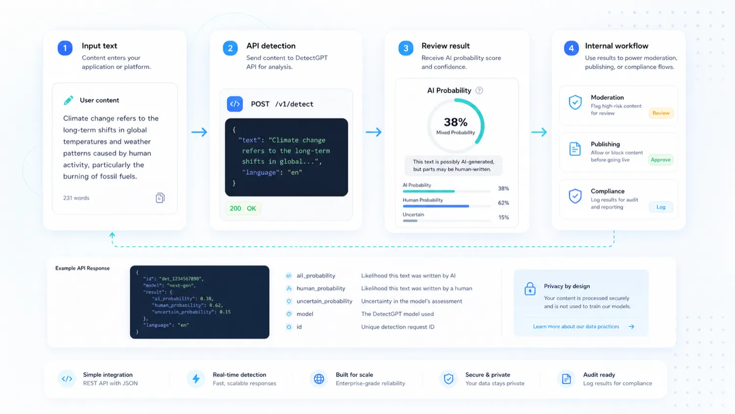 DetectGPT: API workflow, showing where a team might connect AI detection to an internal tool or content review process