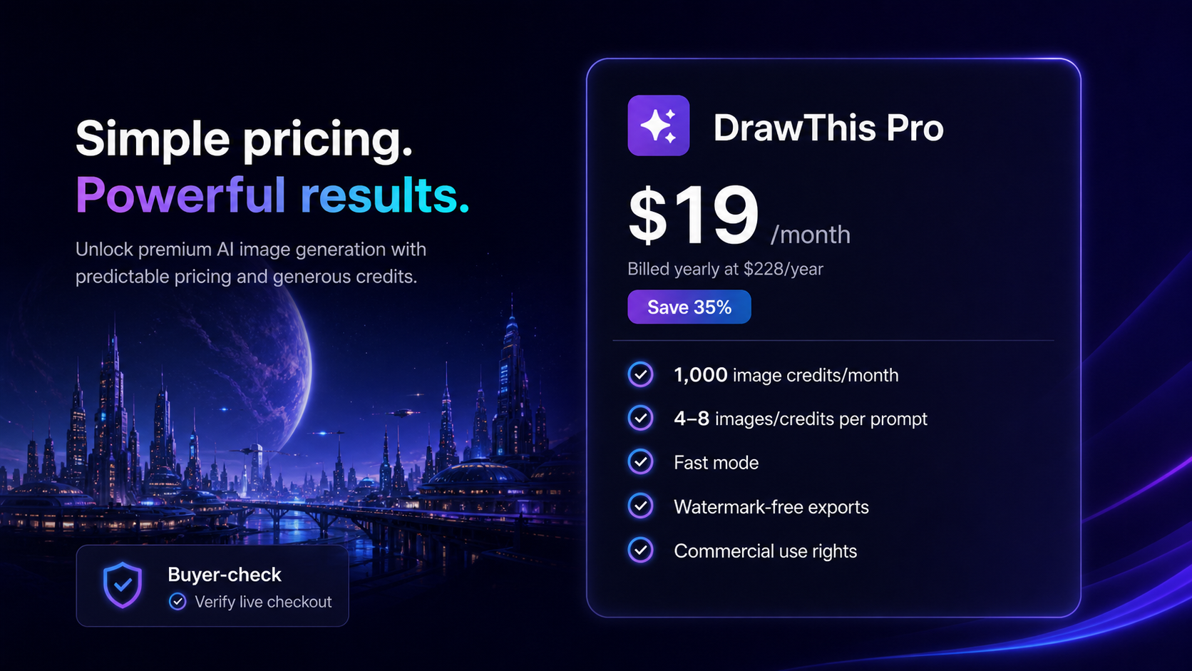 DrawThis: pricing and credit checkpoint, showing how a buyer compares annual billing, monthly pricing, and image credits