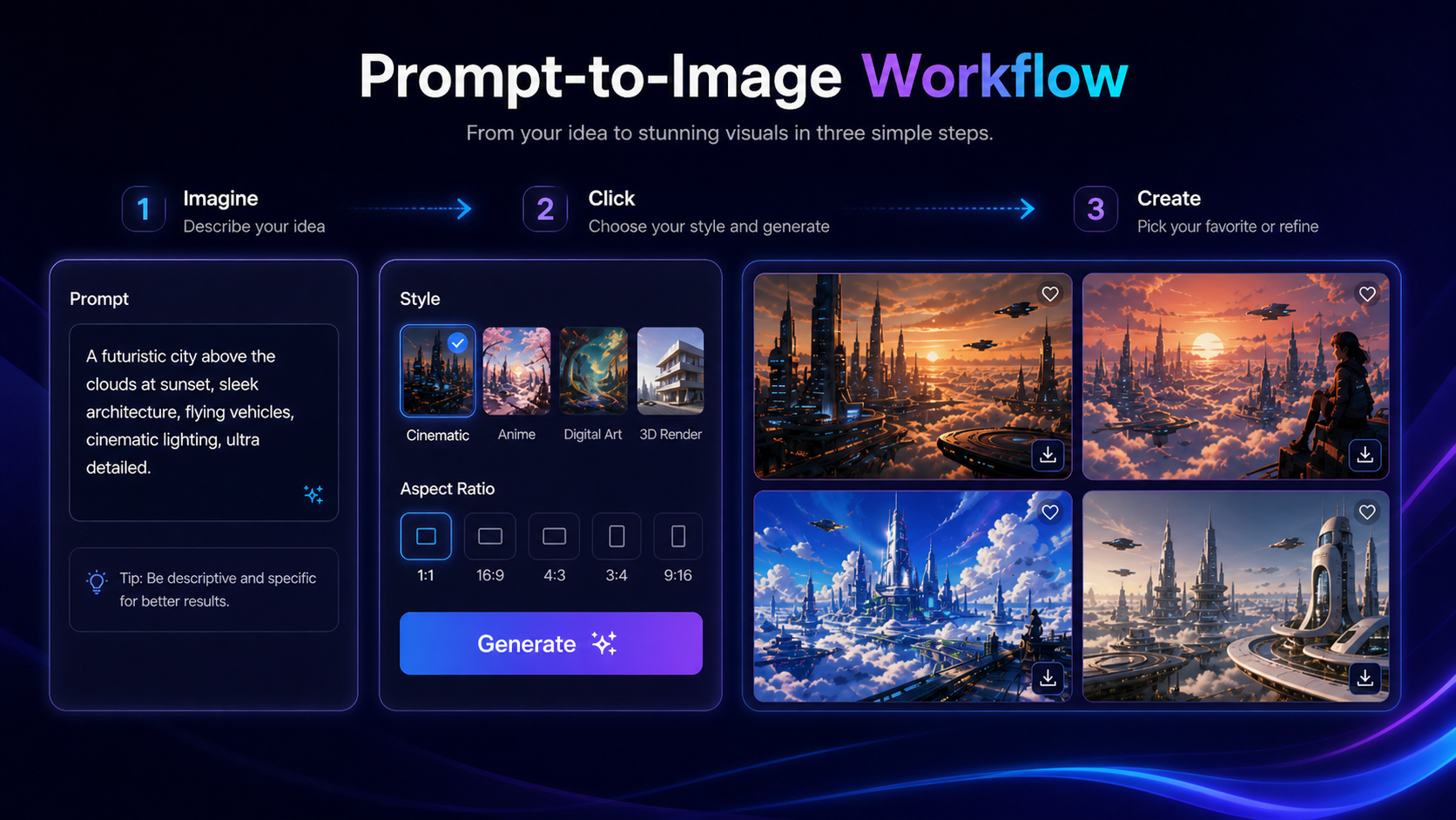 DrawThis: prompt-to-image workflow, showing how a buyer turns a text idea into several visual options
