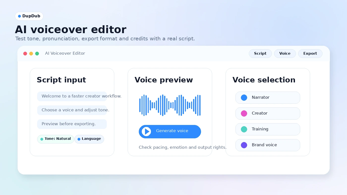 DupDub: voiceover editor, showing script input, AI voice selection, and generated narration controls