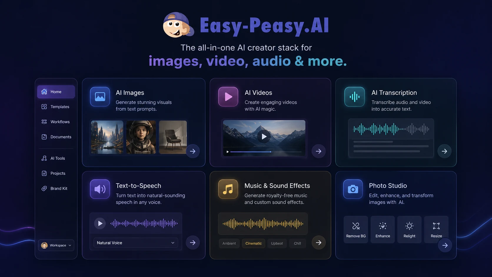 Easy-Peasy.AI: AI media tools, showing image, video, audio, transcription, and text-to-speech creation paths