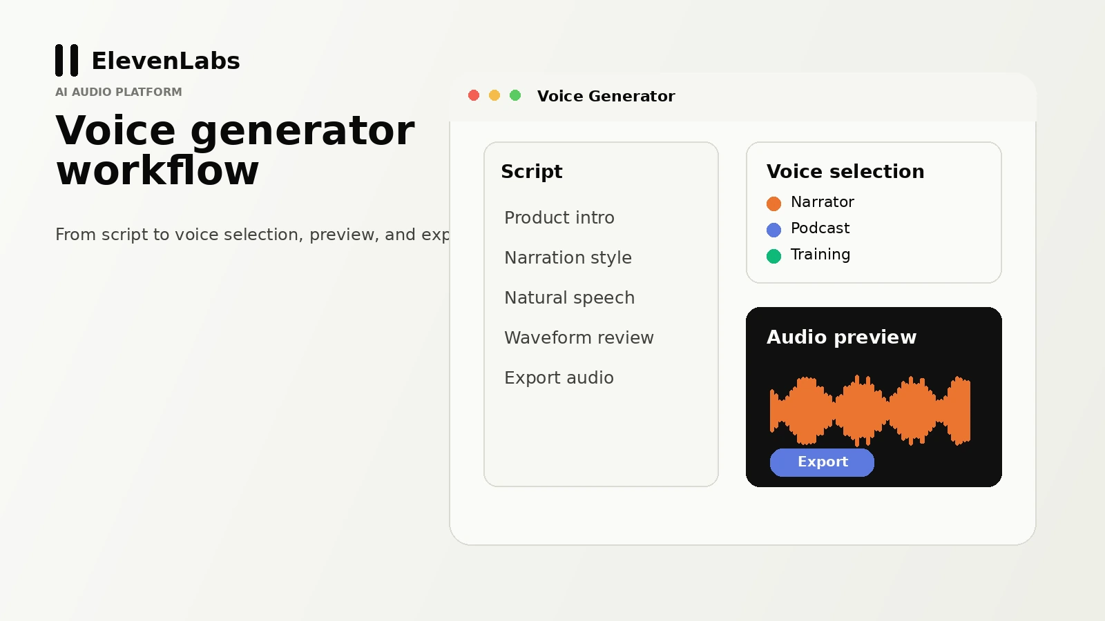 ElevenLabs: voice generator workflow, showing script input, voice selection, and generated audio output