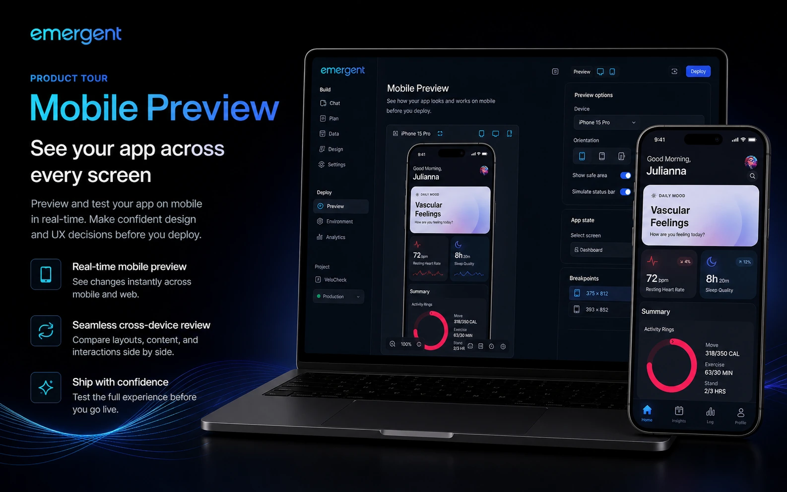 Emergent: mobile app preview, showing how a buyer can review an AI-built app across devices