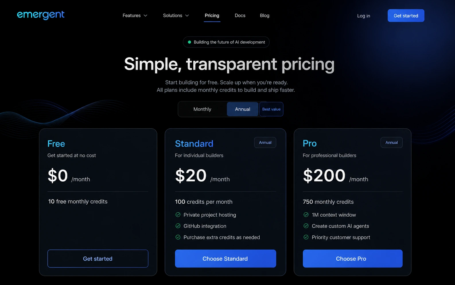 Emergent: pricing and credit plans, showing free credits, Standard credits, Pro credits, and annual billing choices