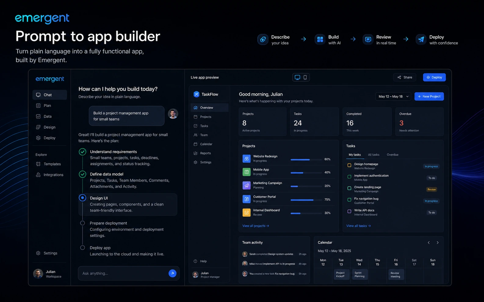Emergent: prompt-to-app builder, showing how a buyer turns a plain-language idea into an app-building task