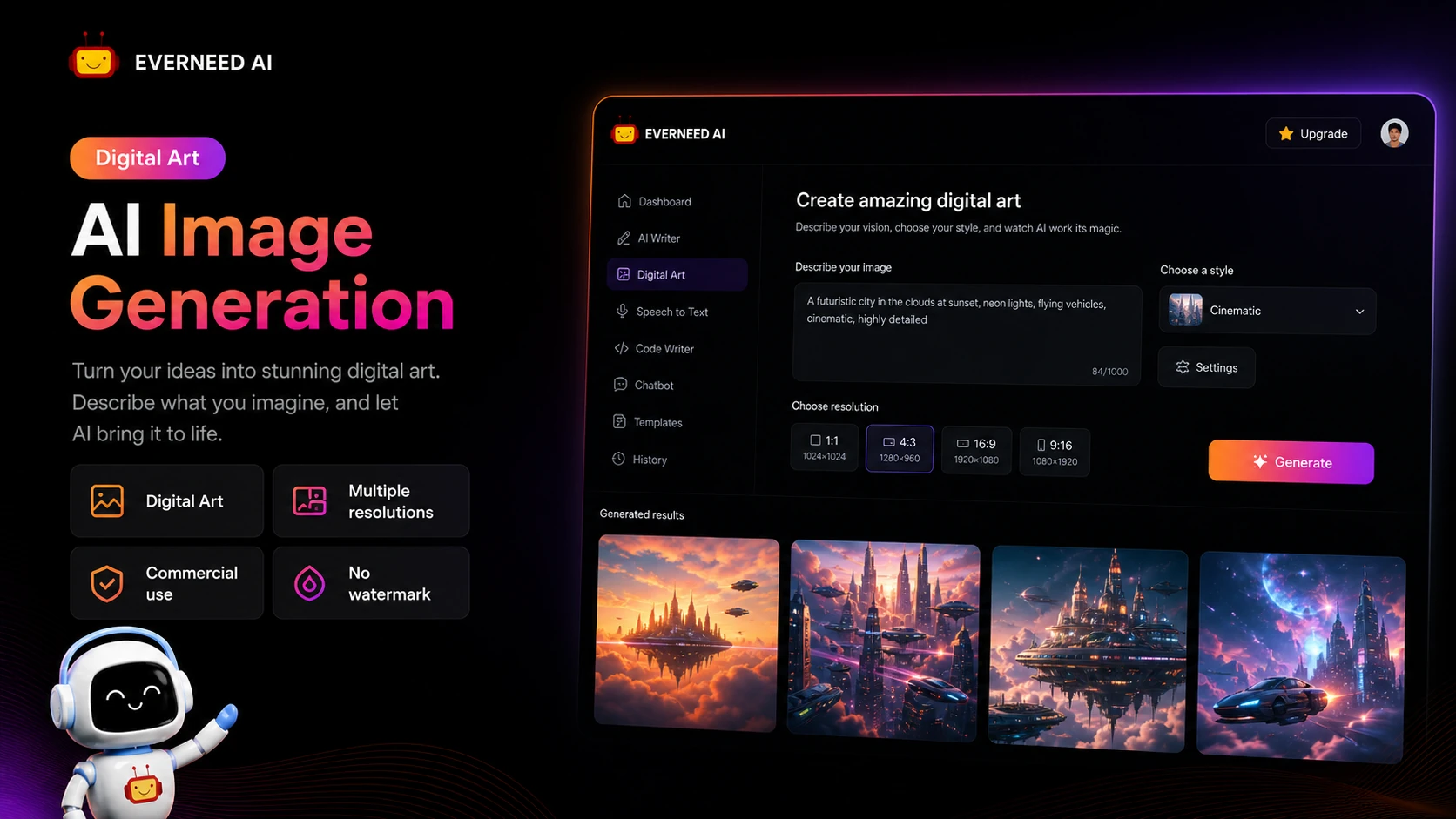 Everneed AI: image generator, showing text-to-image creation for marketing and content assets