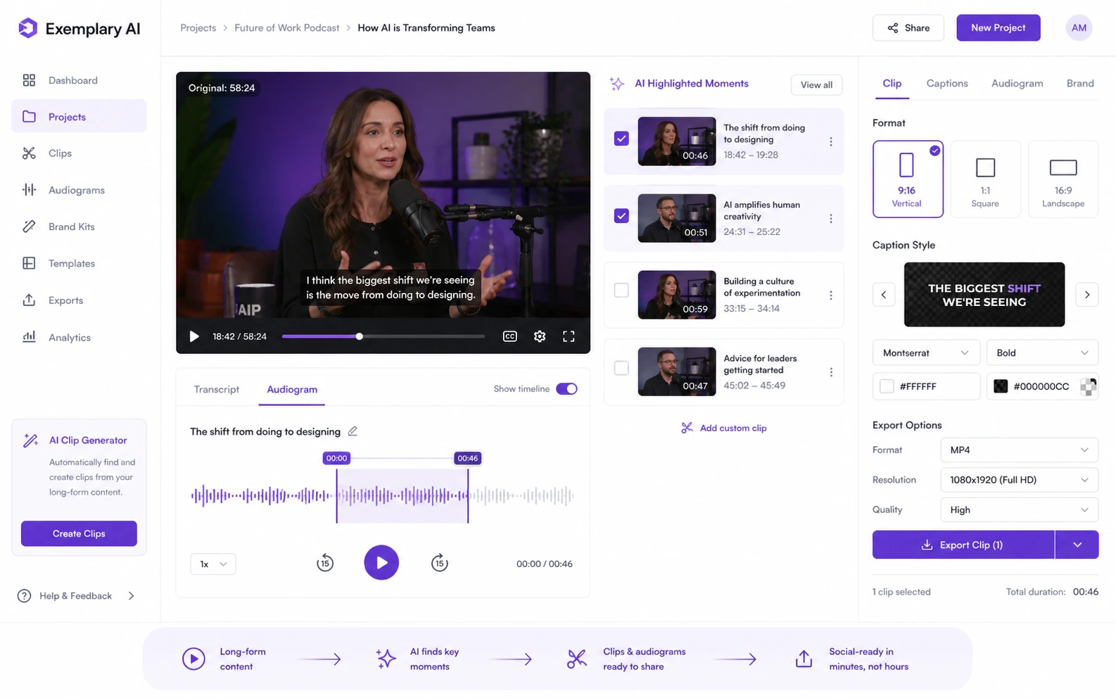 Exemplary AI: clips and audiogram tools, showing how long media can become social-ready assets