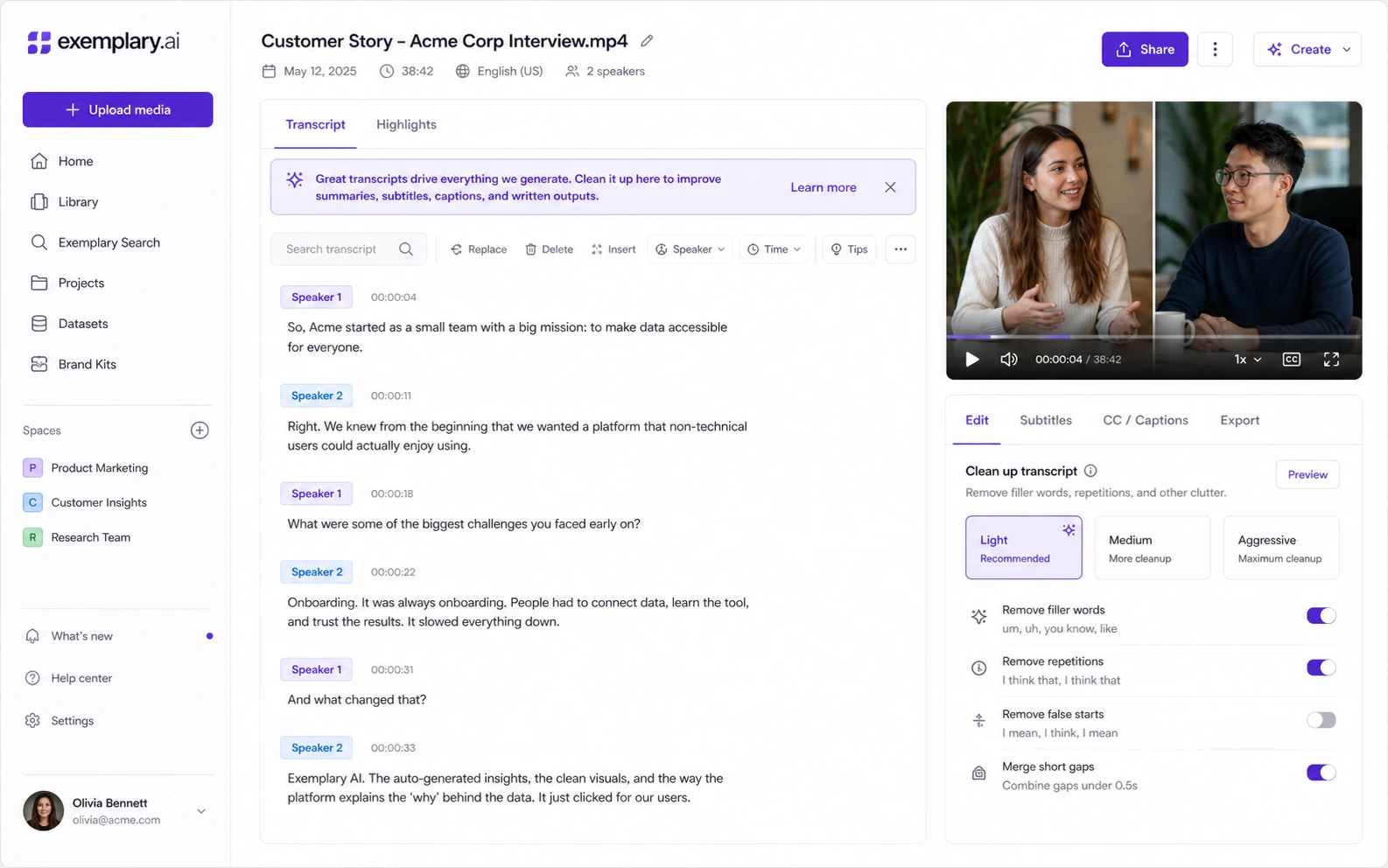 Exemplary AI: transcript editor, showing transcript cleanup and speaker editing after media upload