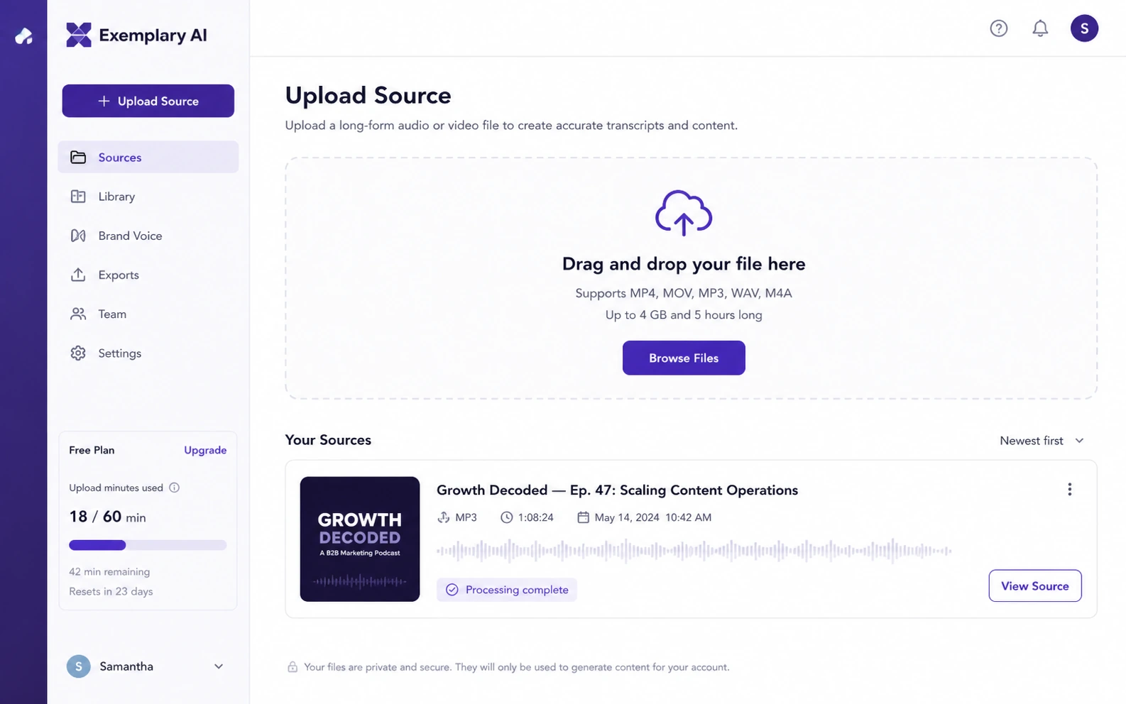 Exemplary AI: upload workflow, showing how a buyer starts with a long audio or video file