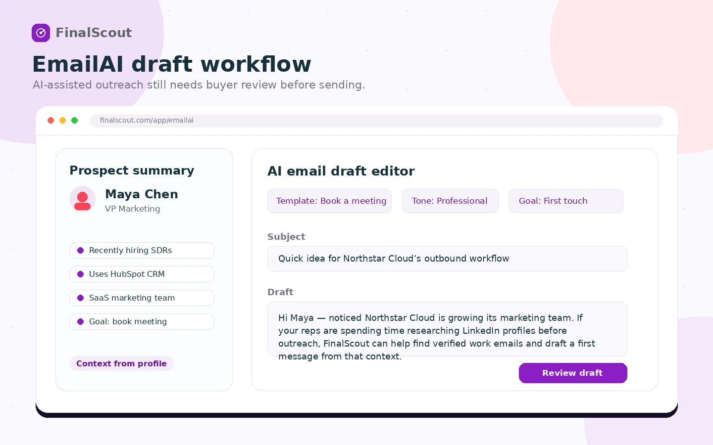 FinalScout: EmailAI draft screen, showing AI-assisted message writing from prospect context