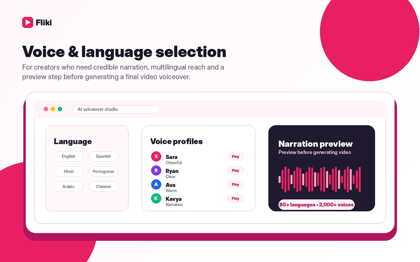 Fliki: voice and language selection, showing AI voice options for multilingual video narration