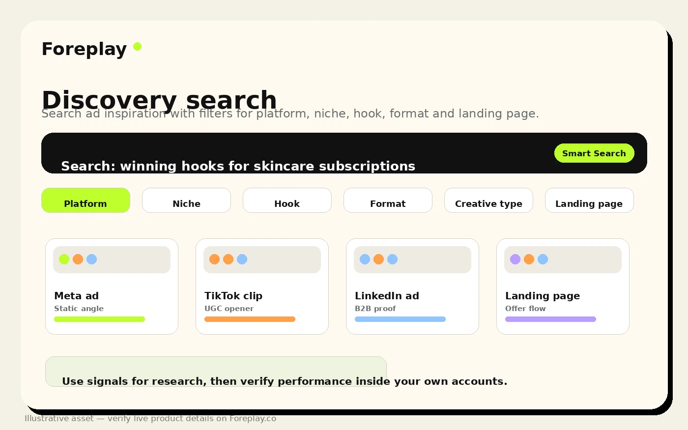 Foreplay: Discovery search screen, showing ad inspiration filters and research results for performance marketers