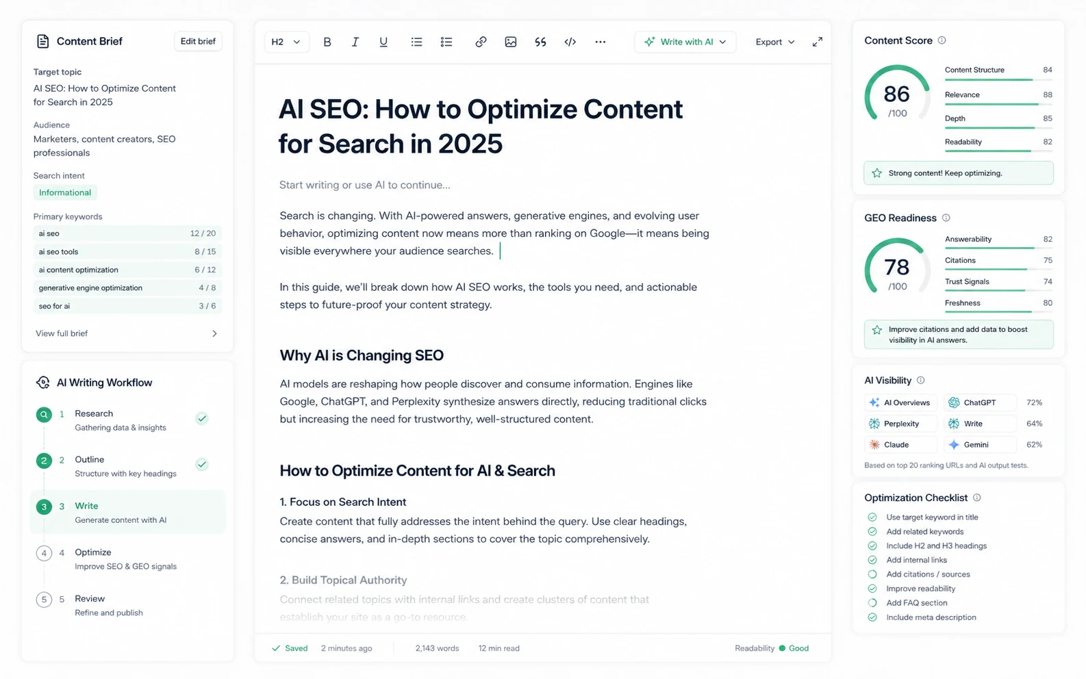 Frase: content editor with SEO and GEO scoring, showing how a buyer optimizes an article for Google and AI search