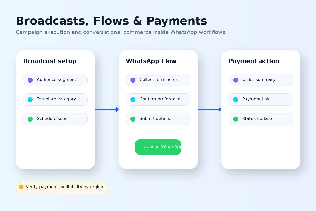 Gallabox: broadcasts, WhatsApp Flows, and payments, showing campaign, form, and checkout actions inside WhatsApp