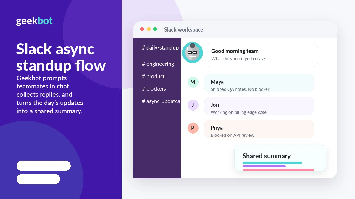 Geekbot: Slack standup flow, showing how teammates receive and answer async check-in questions