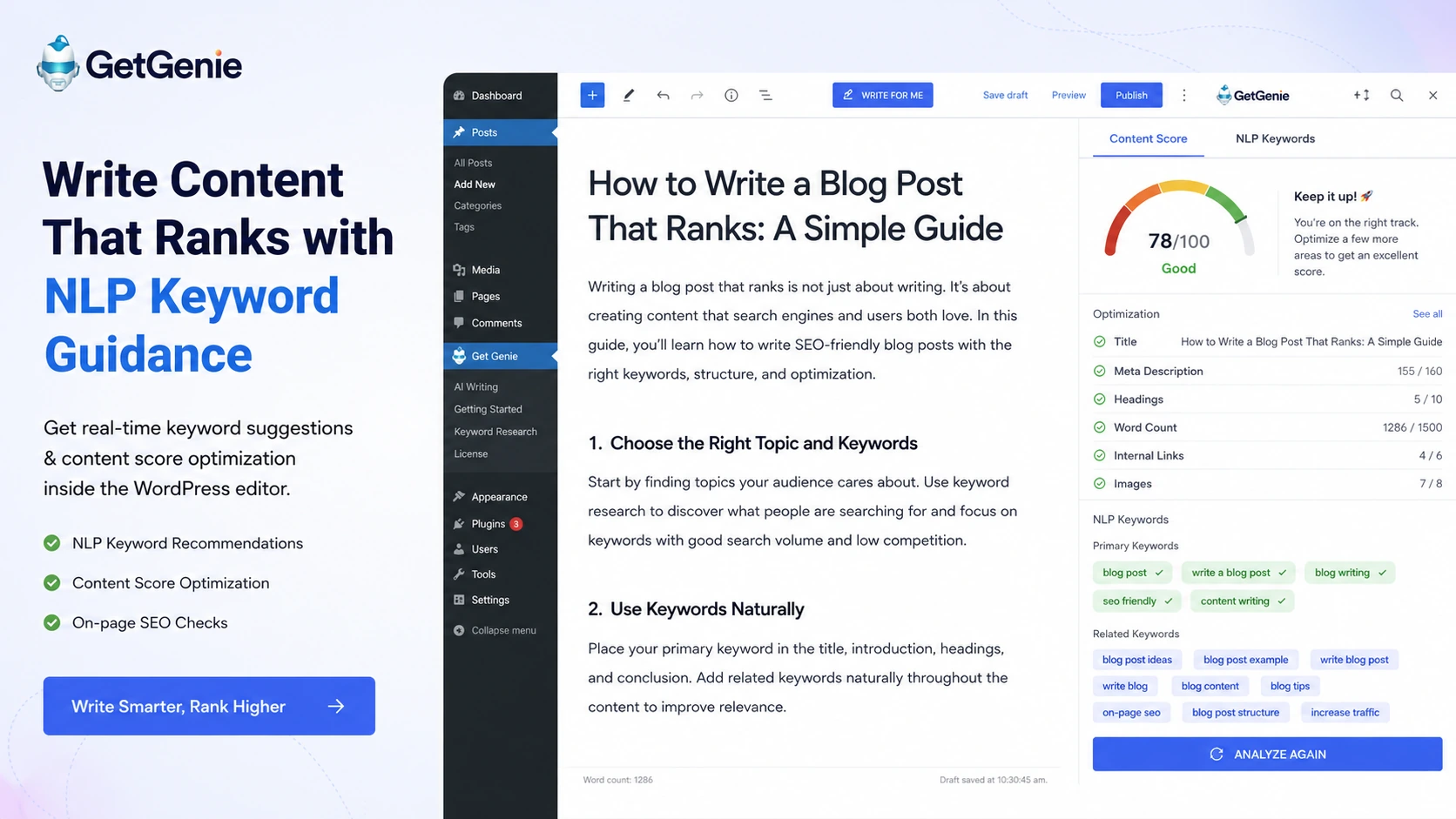 GetGenie: NLP keyword and content score, showing how a buyer optimizes headings, related terms, and on-page SEO before publishing