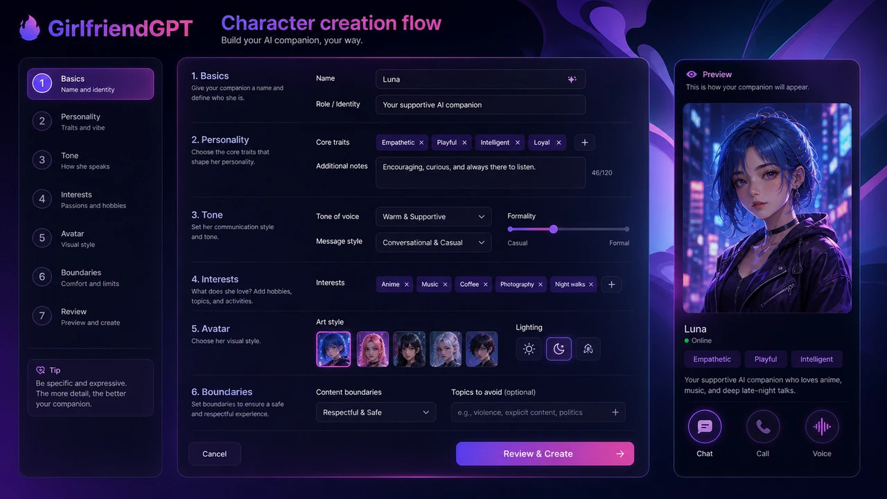 GirlfriendGPT: character creation flow, showing how a buyer can define a fictional companion before committing to paid features