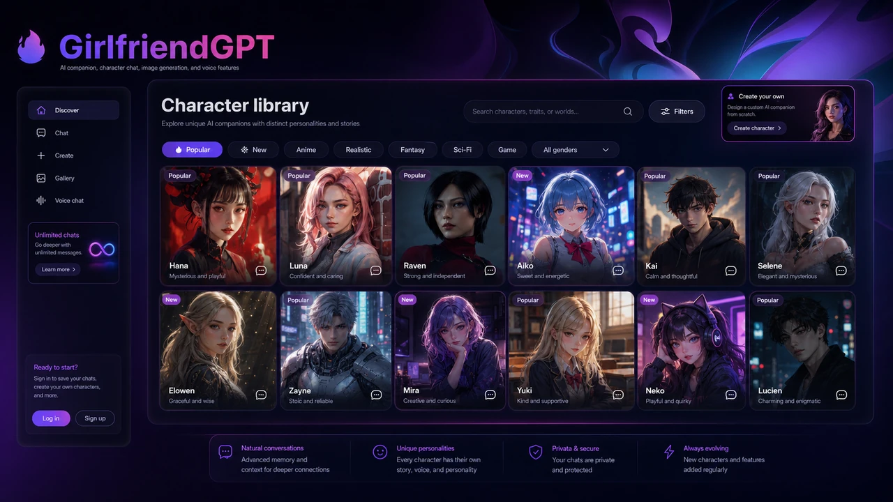 GirlfriendGPT: character library, showing how a buyer browses adult-only AI companion options before creating an account