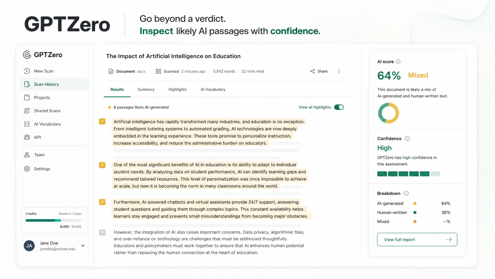 GPTZero: detection result highlights, showing how a buyer reviews likely AI-written passages before making an editorial decision