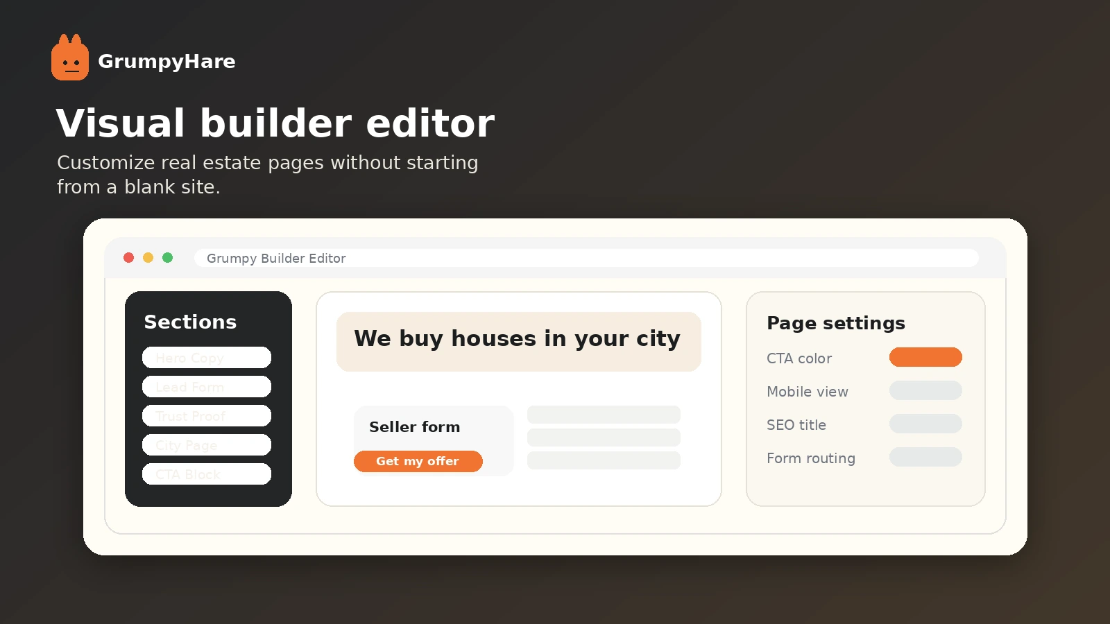 GrumpyHare: builder editor, showing how buyers customize real estate website pages