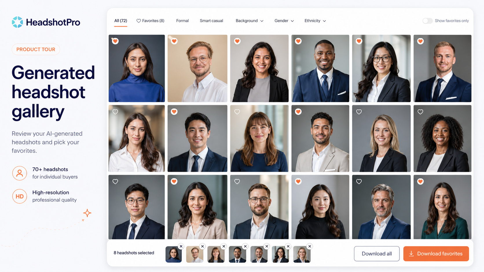 HeadshotPro: AI headshot results gallery, showing how a buyer reviews generated portraits and picks keepers