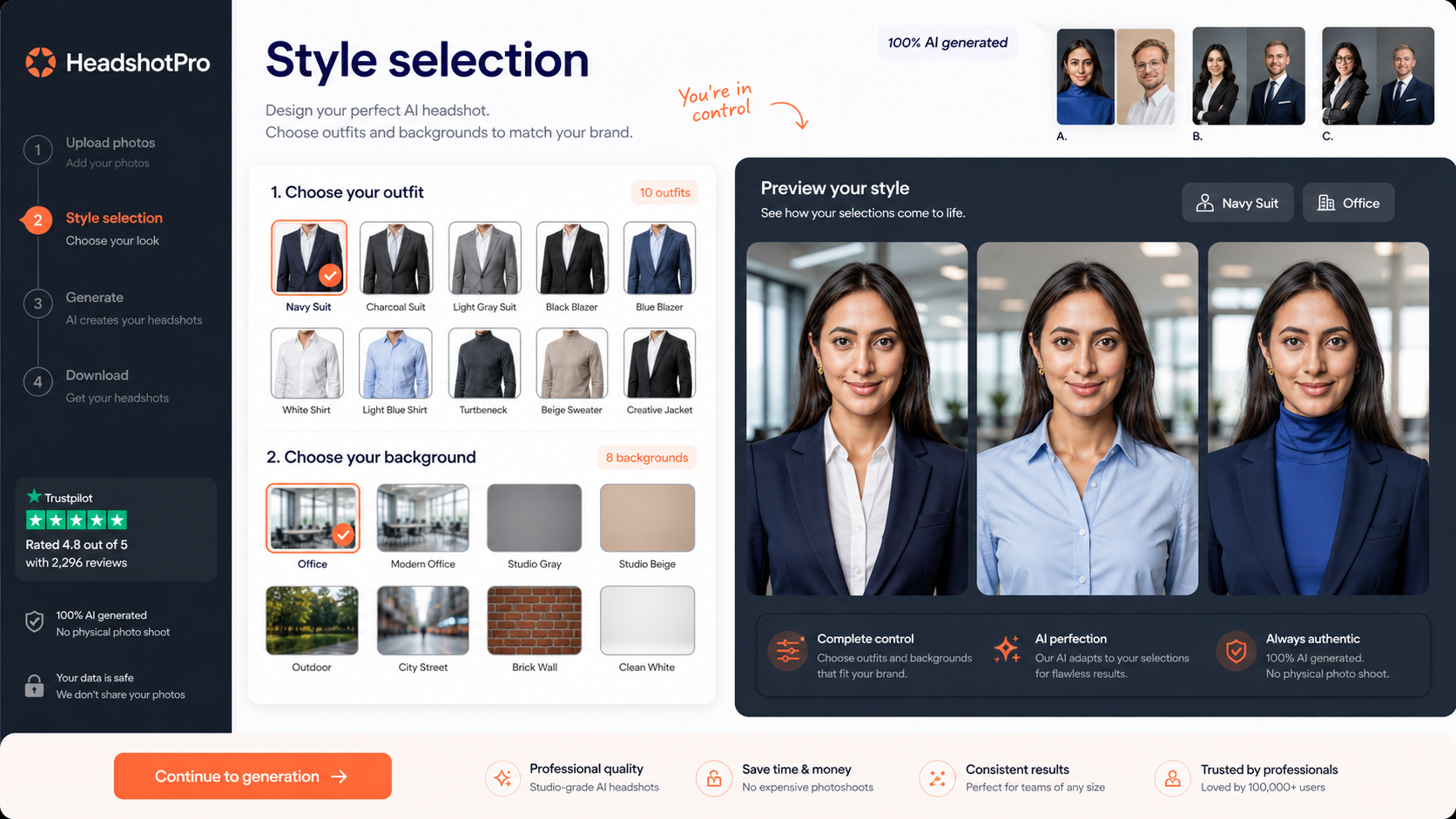 HeadshotPro: style and outfit selection, showing how a buyer chooses professional headshot looks before generation