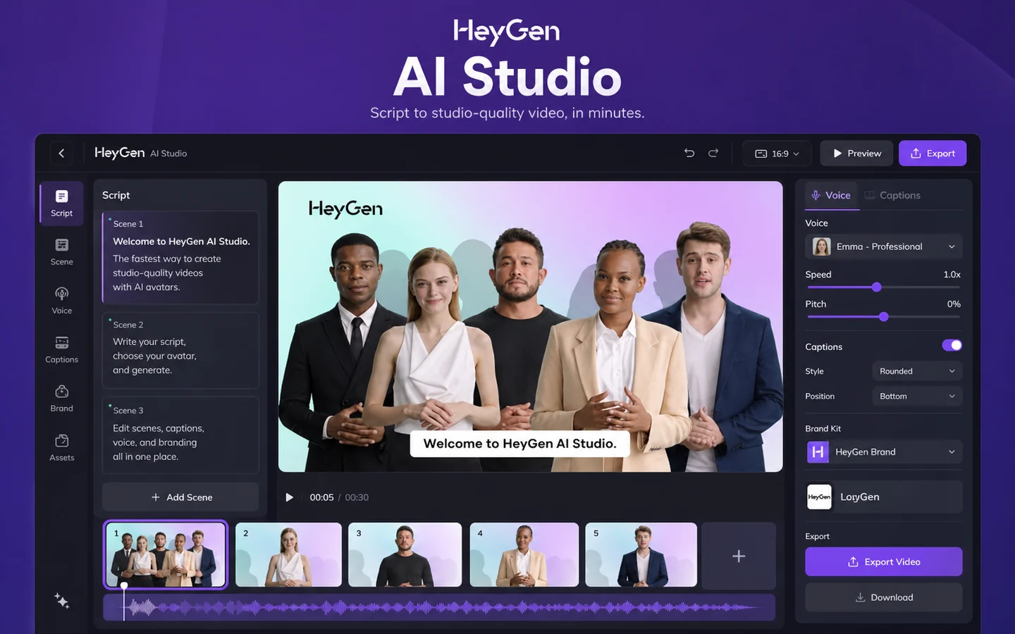 HeyGen: AI Studio editor, showing script-based video creation and avatar-led editing controls