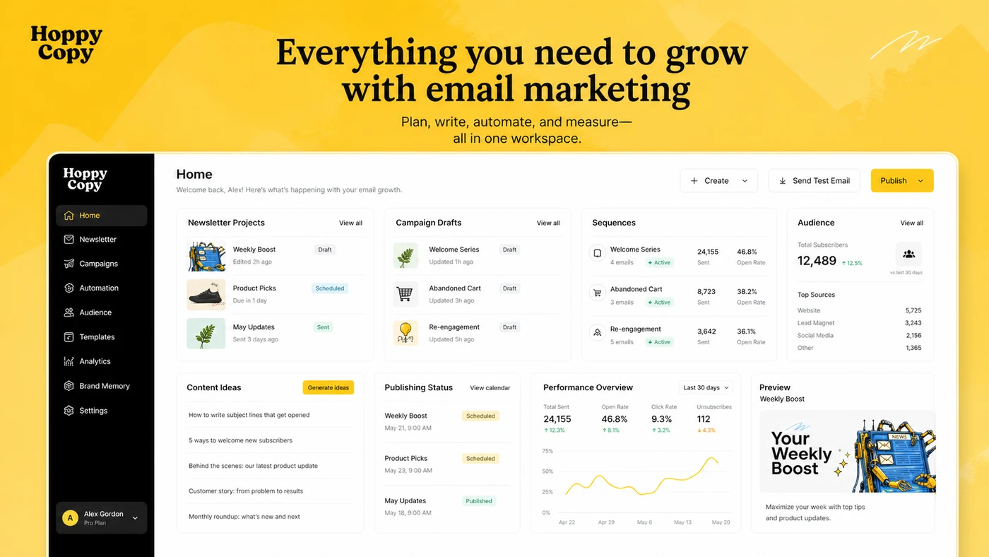 HoppyCopy: email growth dashboard, showing newsletter, campaign, and publishing tools for workflow evaluation