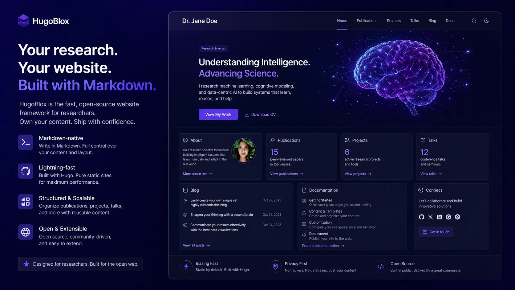HugoBlox: research portfolio homepage, showing the buyer how the product positions academic websites, Markdown ownership, and AI-ready publishing