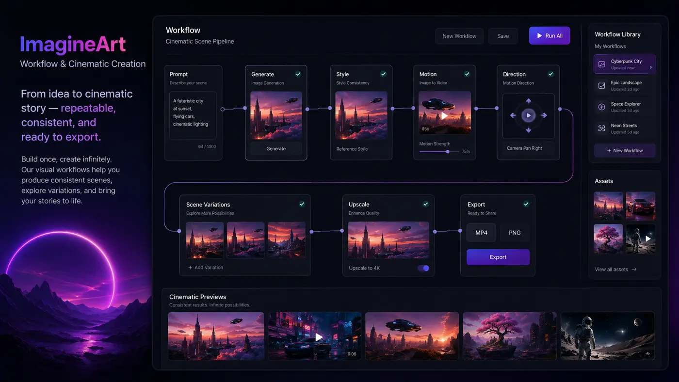ImagineArt: workflows and cinematic scenes, showing how creators can build repeatable image and video production paths