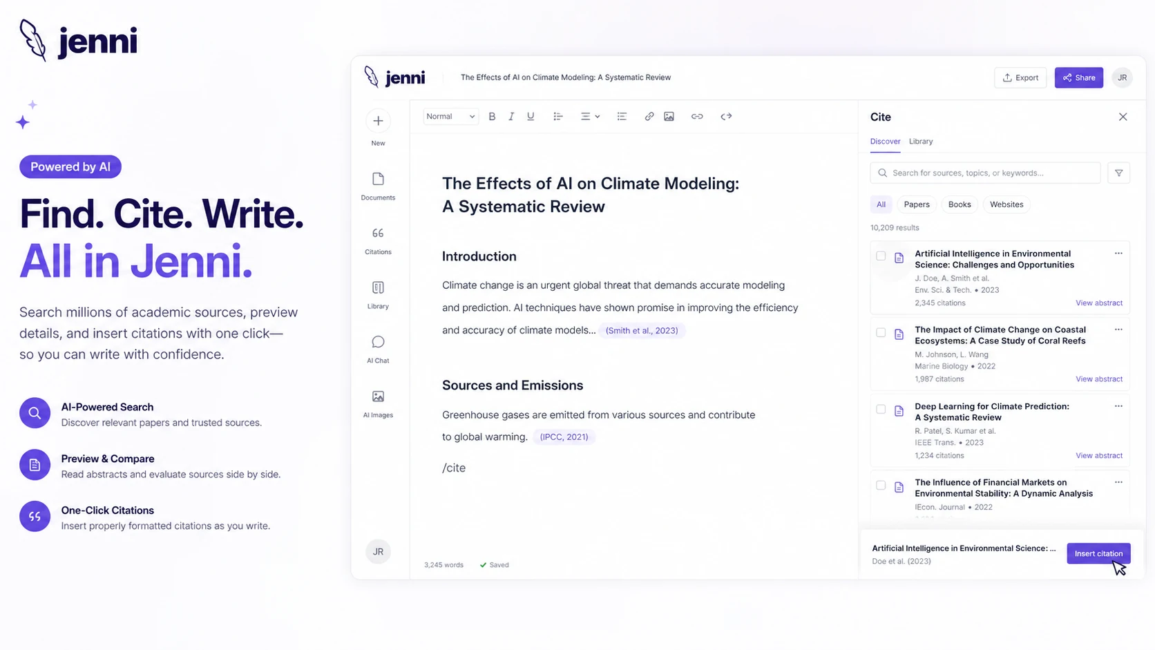 Jenni AI: citation search panel, showing source discovery and one-click citation insertion