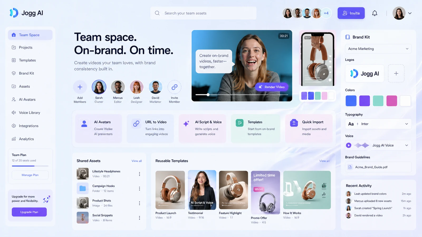 Jogg AI: team space and brand kit, showing shared assets, members, and brand controls for video production
