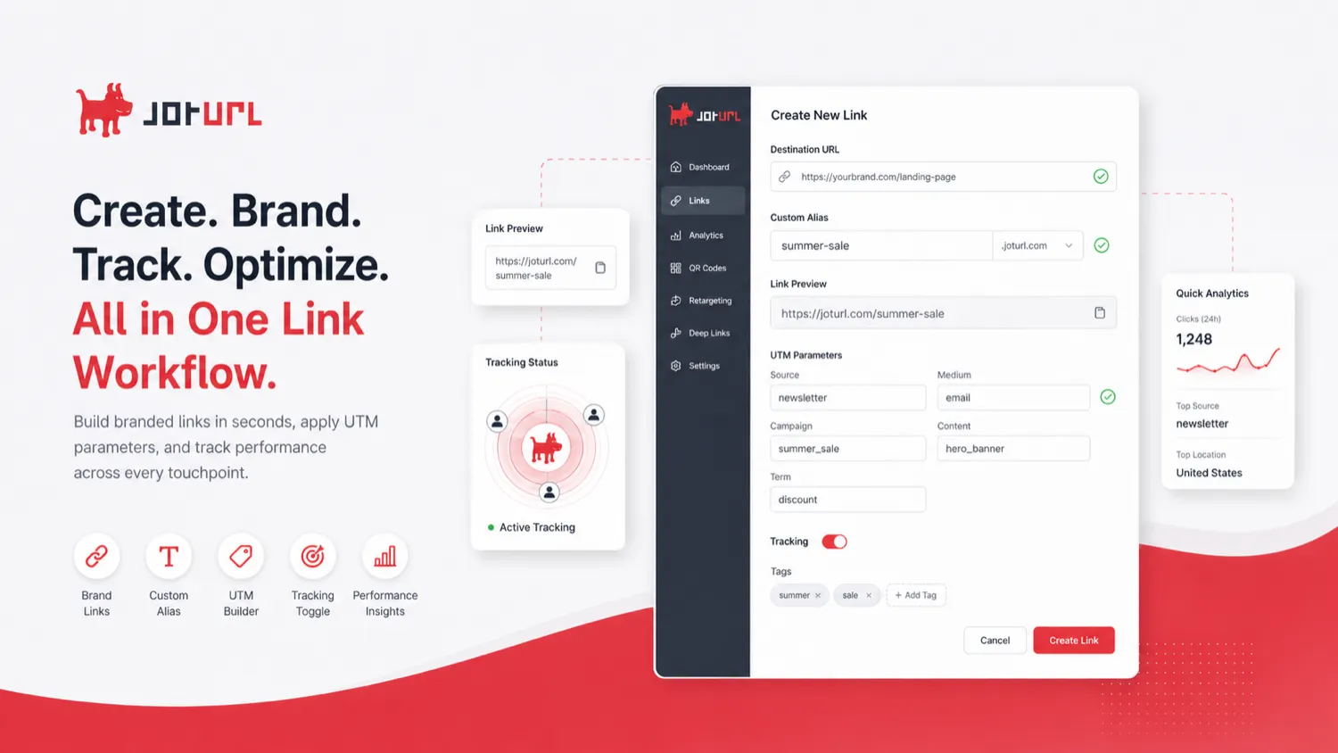 JotURL: tracking link creation screen, showing how a buyer starts a branded campaign link