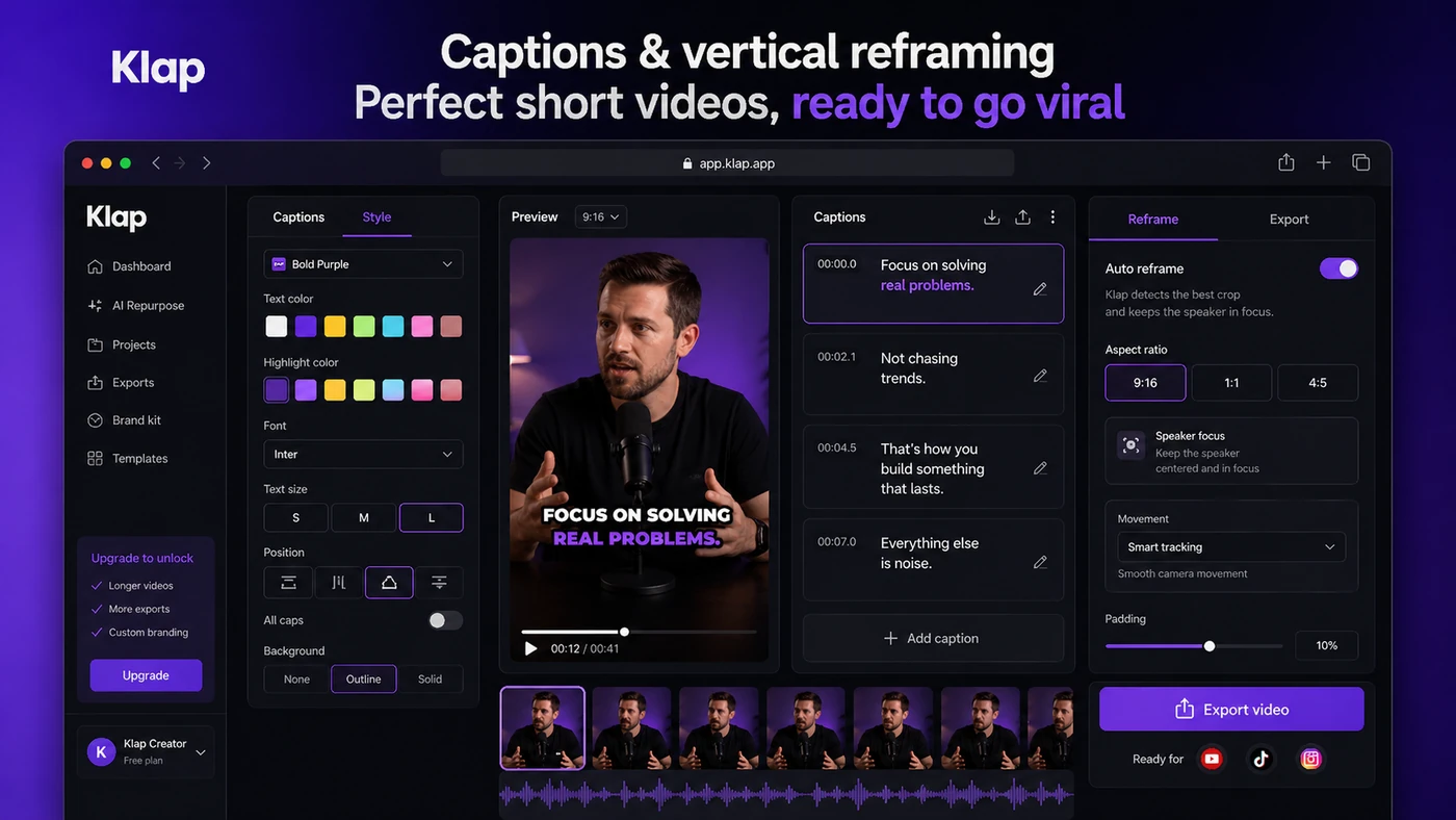 Klap: caption and reframe editor, showing short video edits for vertical social platforms