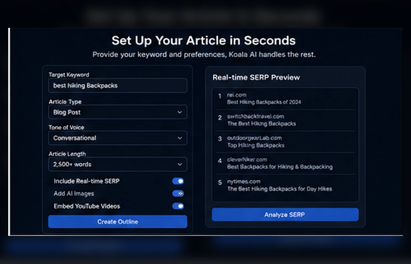 Koala AI: KoalaWriter article setup, showing keyword-driven inputs and article options before generation