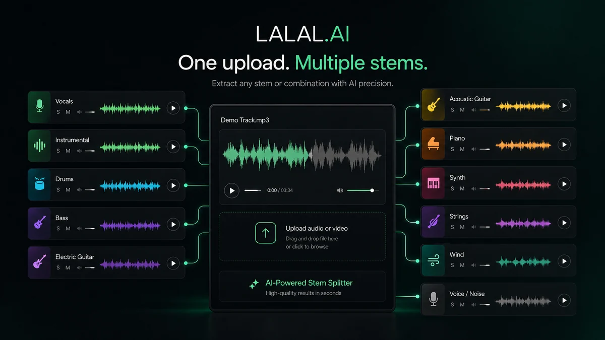 LALAL.AI: stem selection options, showing vocals, drums, bass, guitar, piano, synth, strings, and wind instruments for extraction