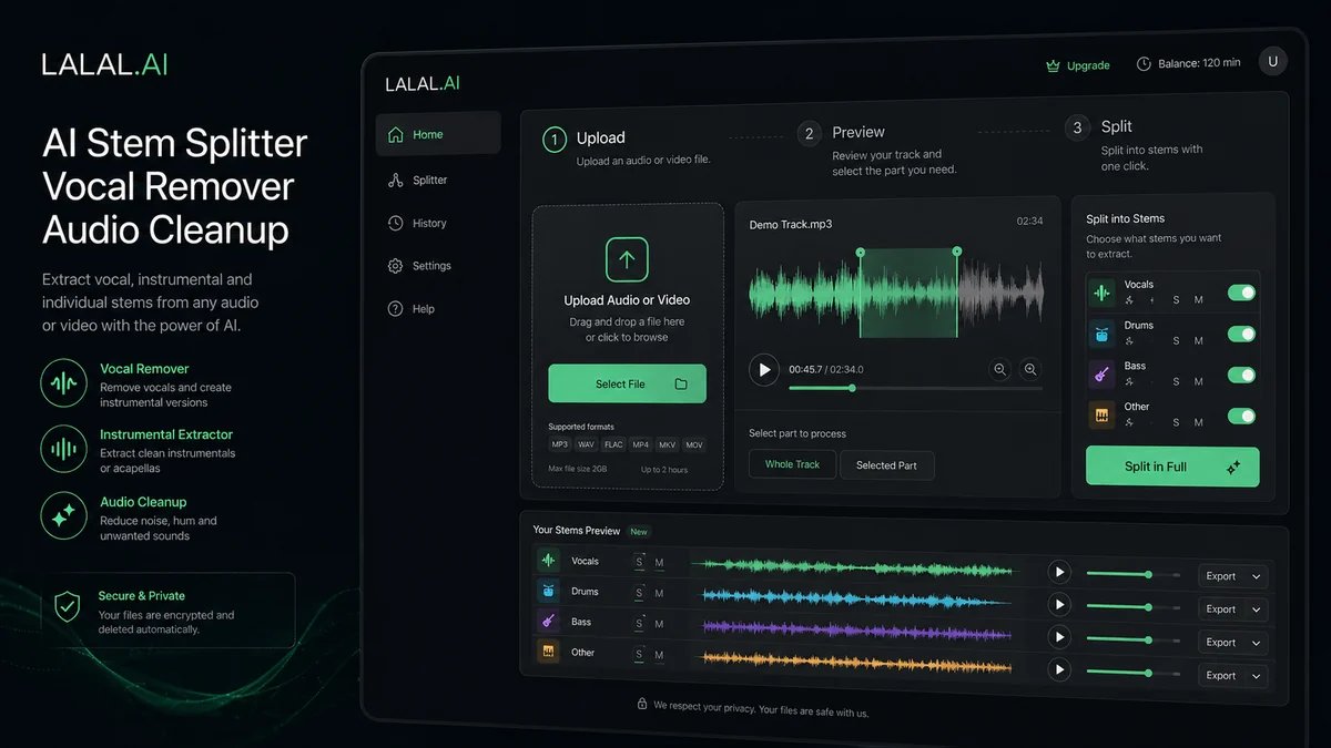 LALAL.AI: stem splitter upload screen, showing how a buyer starts vocal and instrument separation from an audio or video file