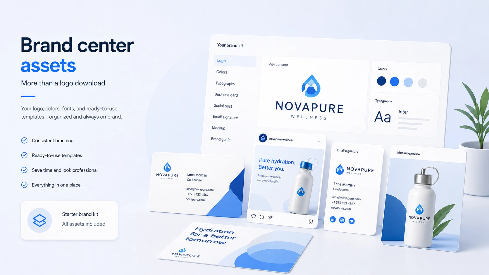 LogoAI: brand center assets, showing how a buyer can extend a logo into social, business card, and mockup materials