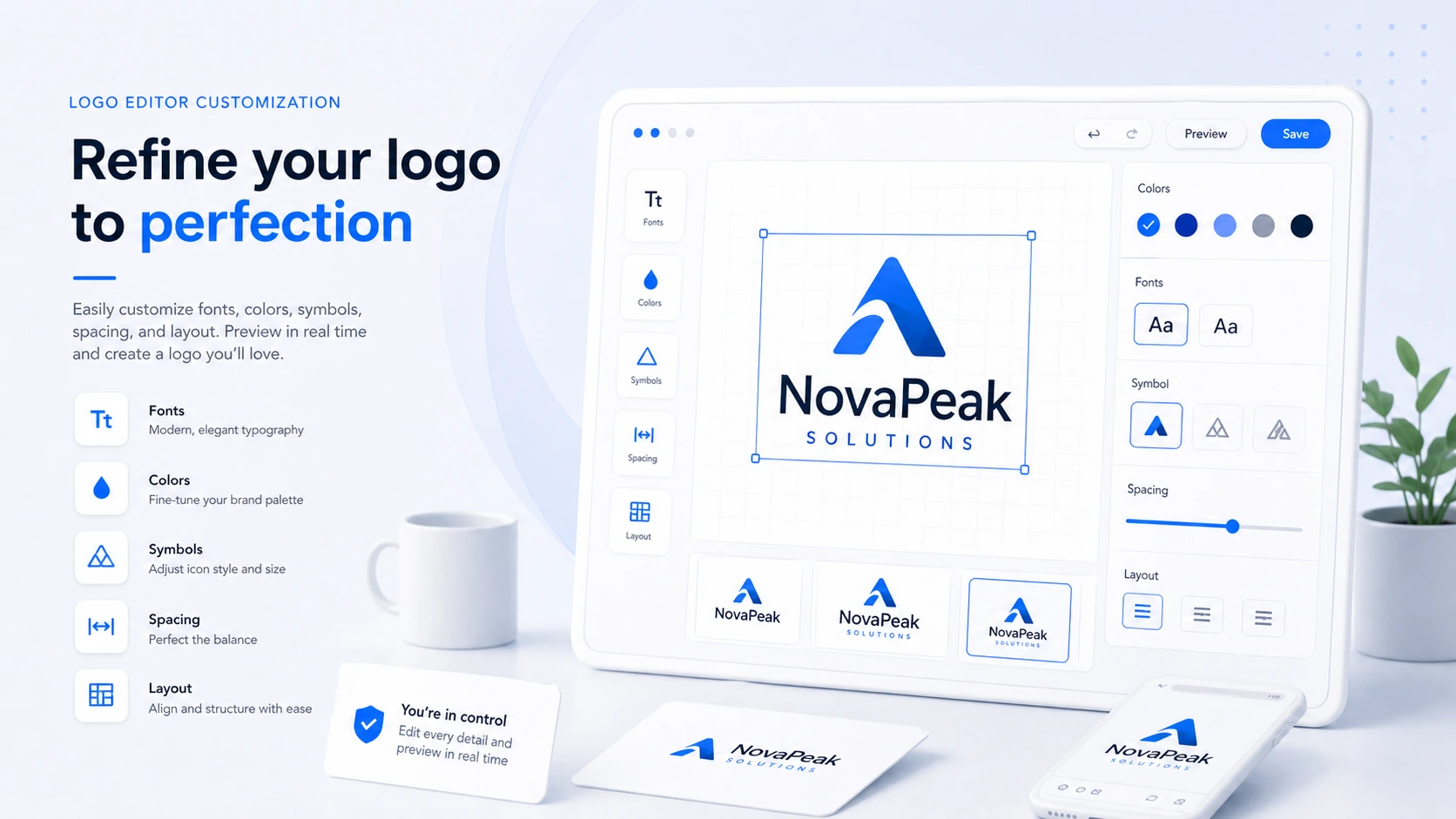LogoAI: logo editor customization, showing how buyers adjust colors, fonts, icons, and layout before buying