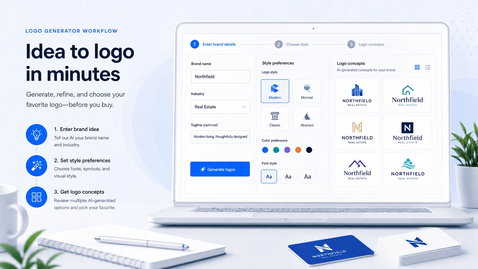 LogoAI: logo generator workflow, showing how buyers enter brand details and receive AI logo directions before purchase