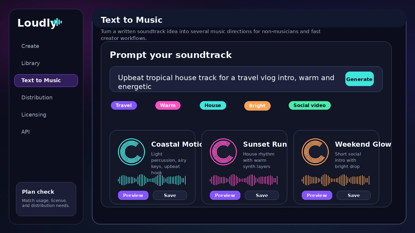 Loudly: text-to-music workflow, showing how a creator turns a written idea into a soundtrack direction