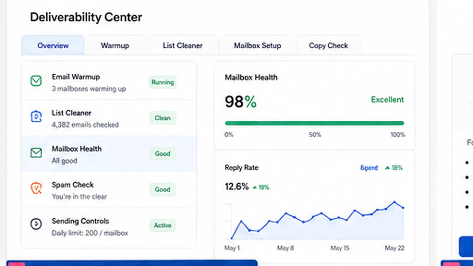 Mailshake: deliverability tools, showing warmup, list cleaning, mailbox setup, and copy checks for outreach quality