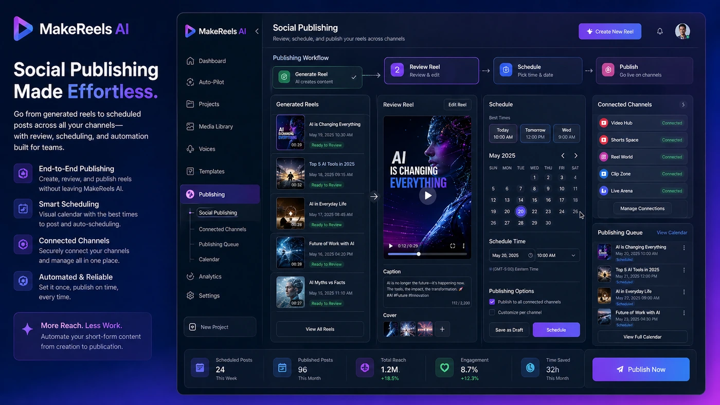 MakeReels AI: social publishing workflow, showing buyer decisions around posting reels to short-form platforms