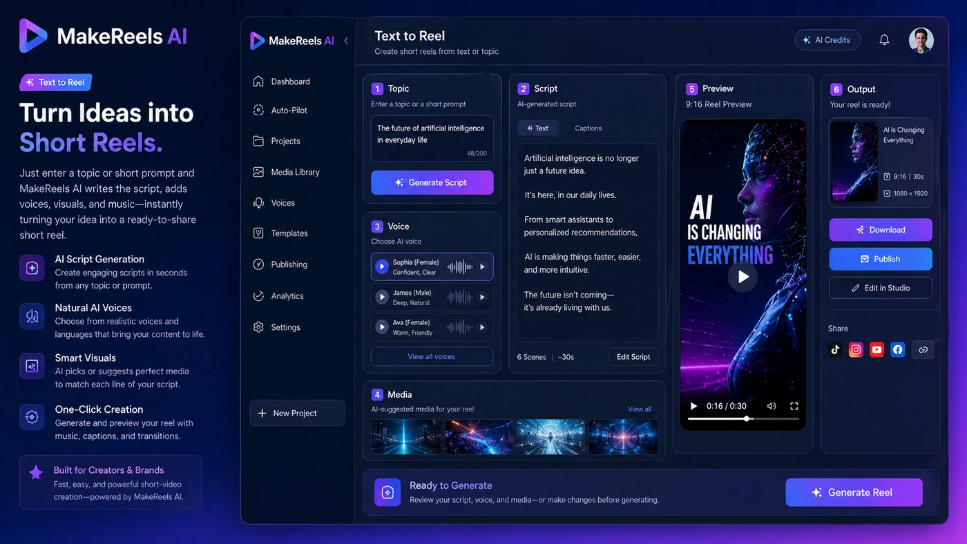 MakeReels AI: text-to-reel generator, showing how a buyer turns a topic prompt into a short social video