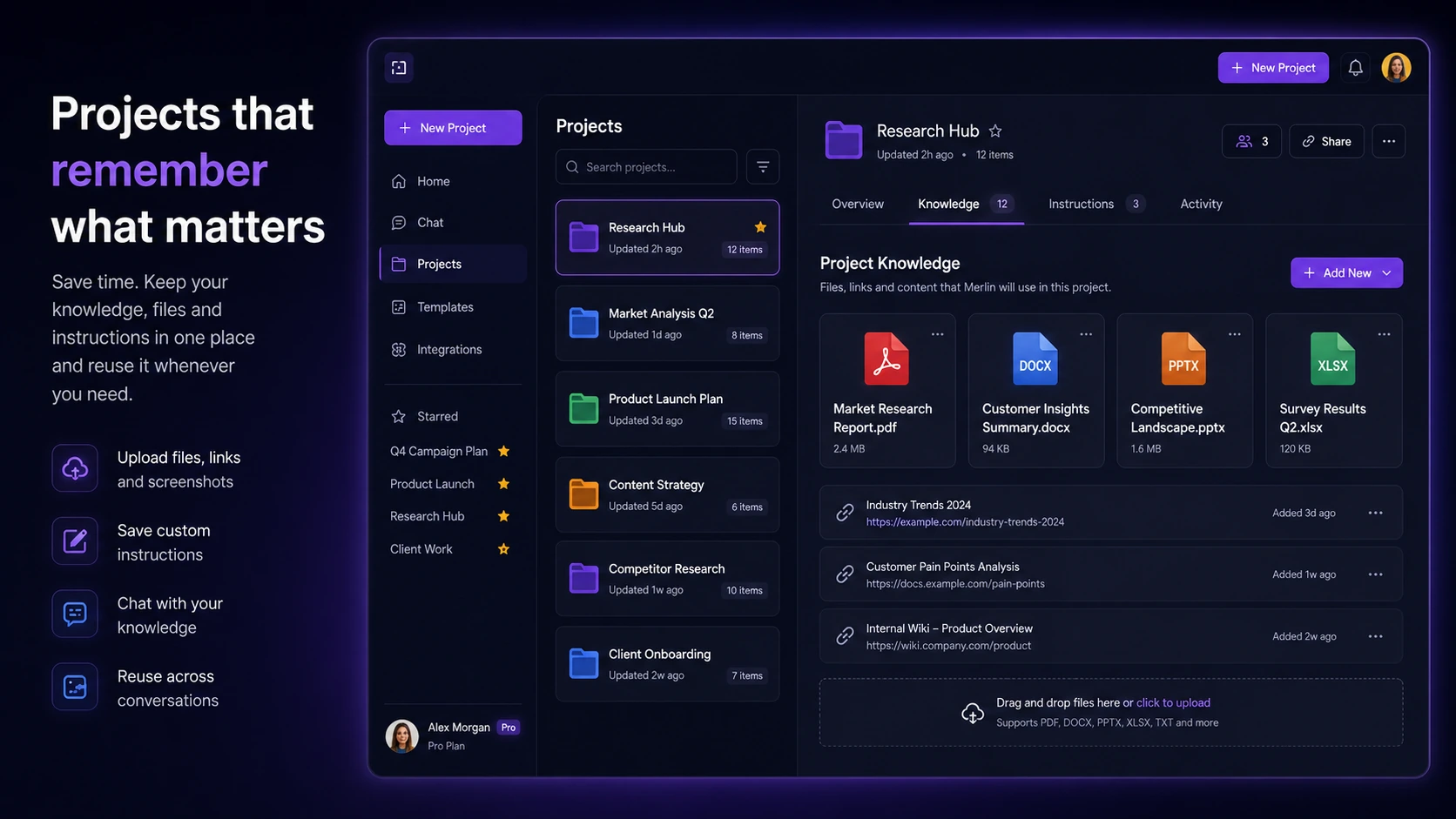 Merlin AI: Projects workspace, showing saved context and knowledge organization for repeated AI work