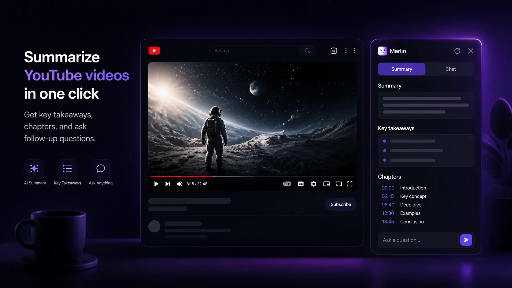 Merlin AI: YouTube summarizer workflow, showing video summaries for faster learning and review