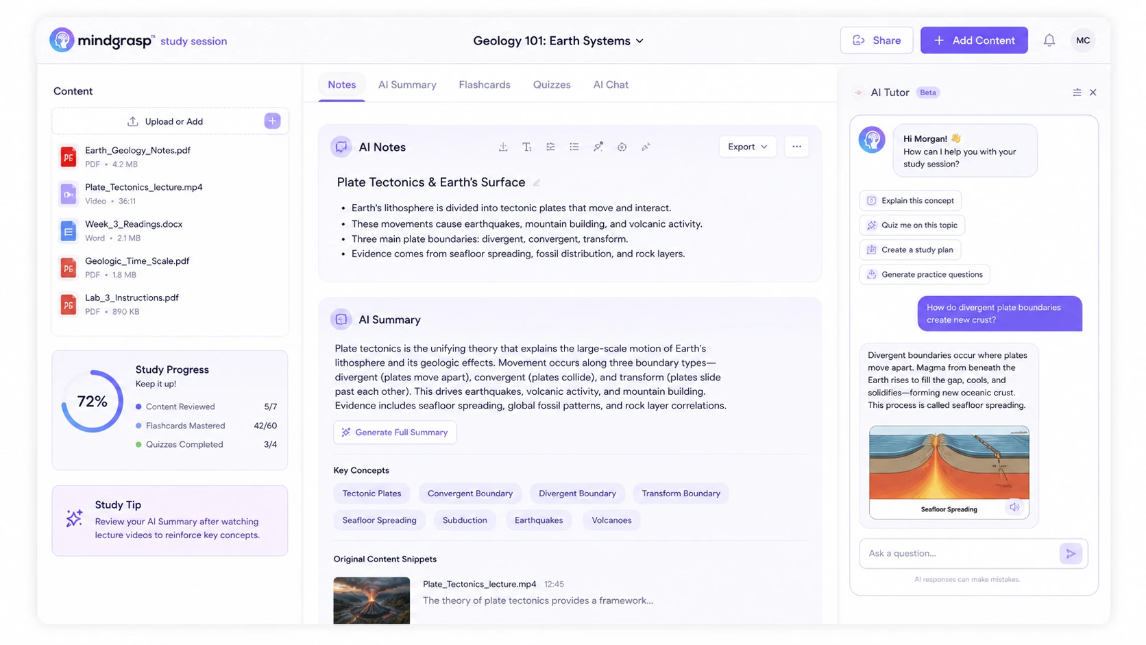Mindgrasp: study session dashboard, showing how a buyer organizes uploaded lectures, readings, and generated study material